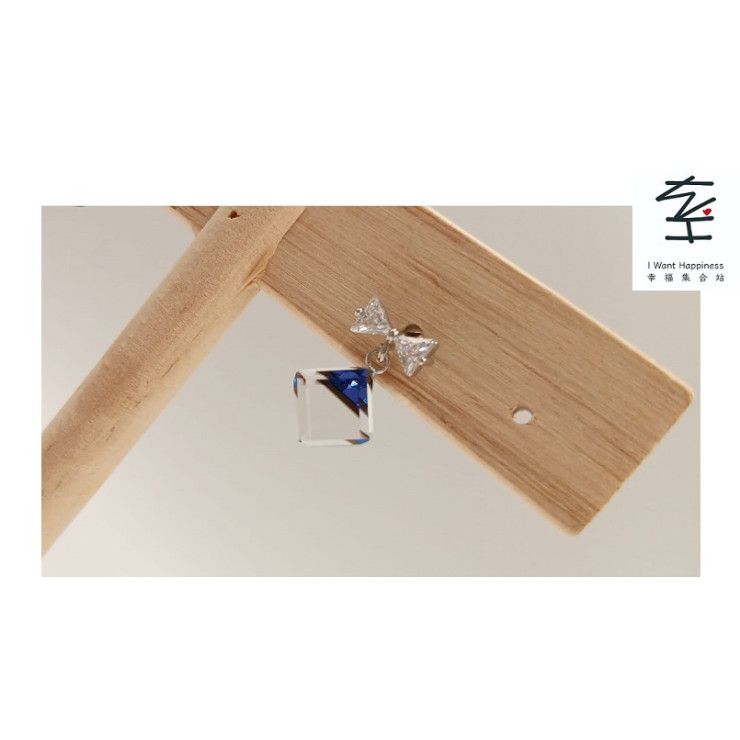 925純銀耳環 蝴蝶結閃爍鋯石配上方型晶石 韓國大熱款式